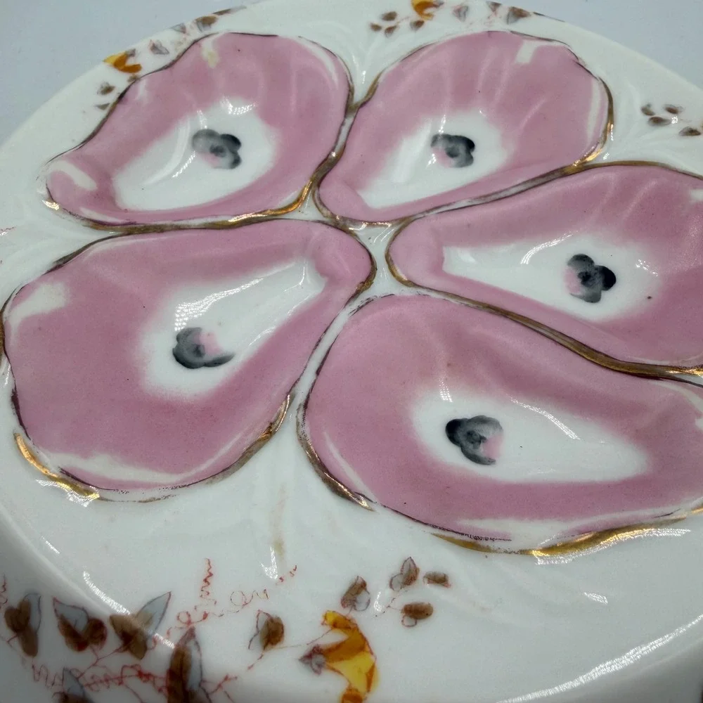 Antique Marx‎ & Gutherz Carlsbad Austria Oyster Plate Pink Oyster 5 Wells Floral